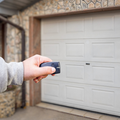 Medford security key fob pointing to a garage door