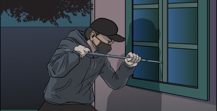 Illustration of burglar forcing entry through a window in Medford